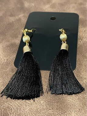 Black Tassel Drop Earrings with Gold Accents - Women Jewelry